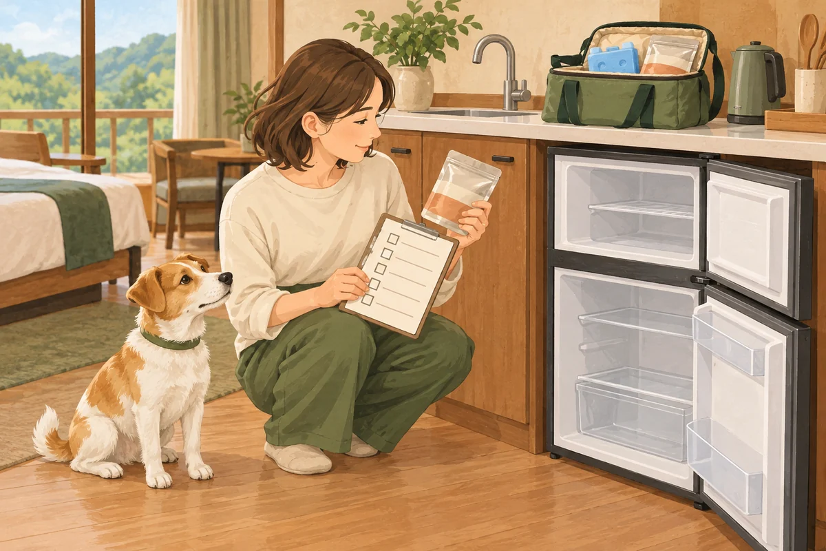 犬用フードの袋と保冷バッグを用意し、宿の冷蔵・冷凍設備を確認する旅行者と犬のイラスト