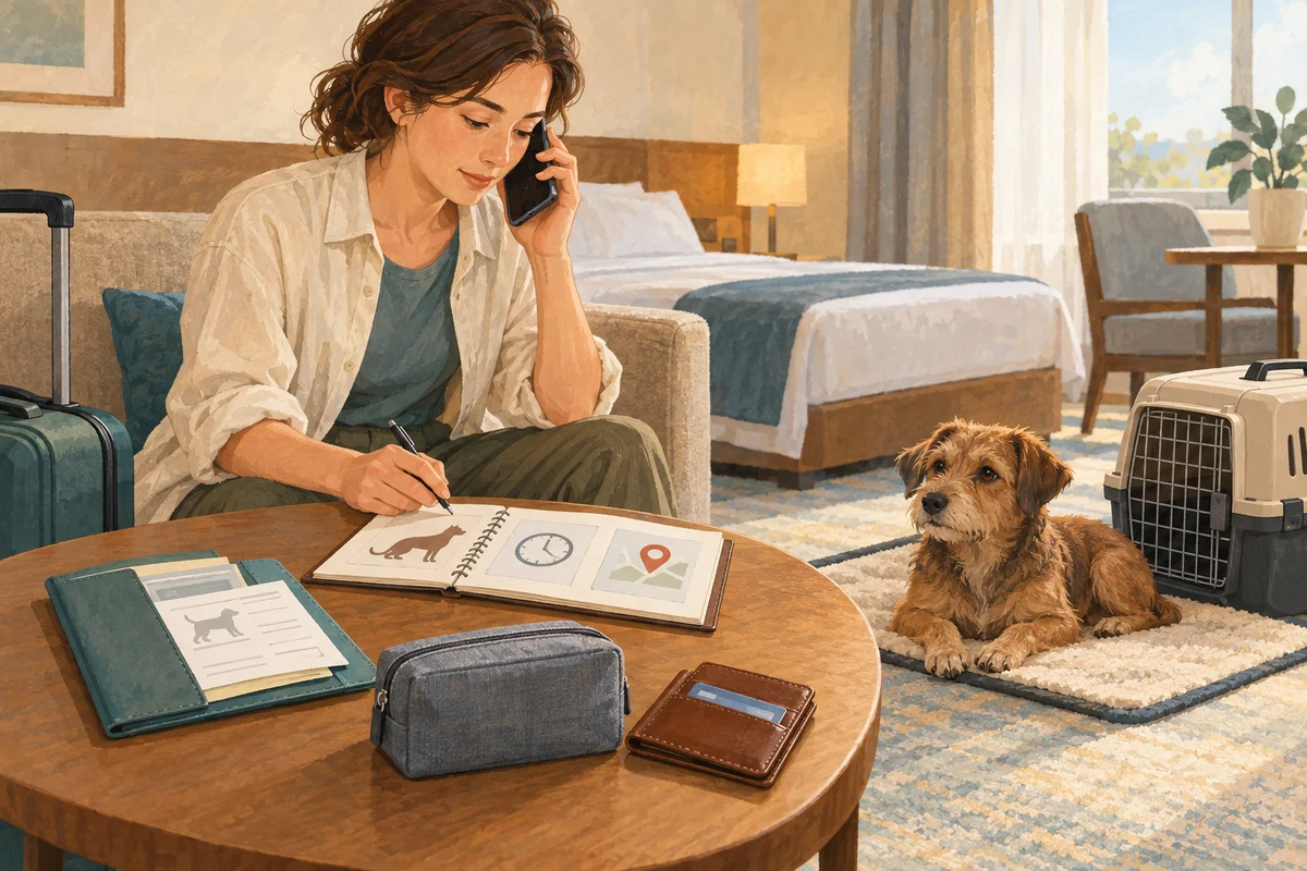 宿で電話連絡のためにメモ、検査資料、薬袋と財布をまとめる旅行者と犬のイラスト