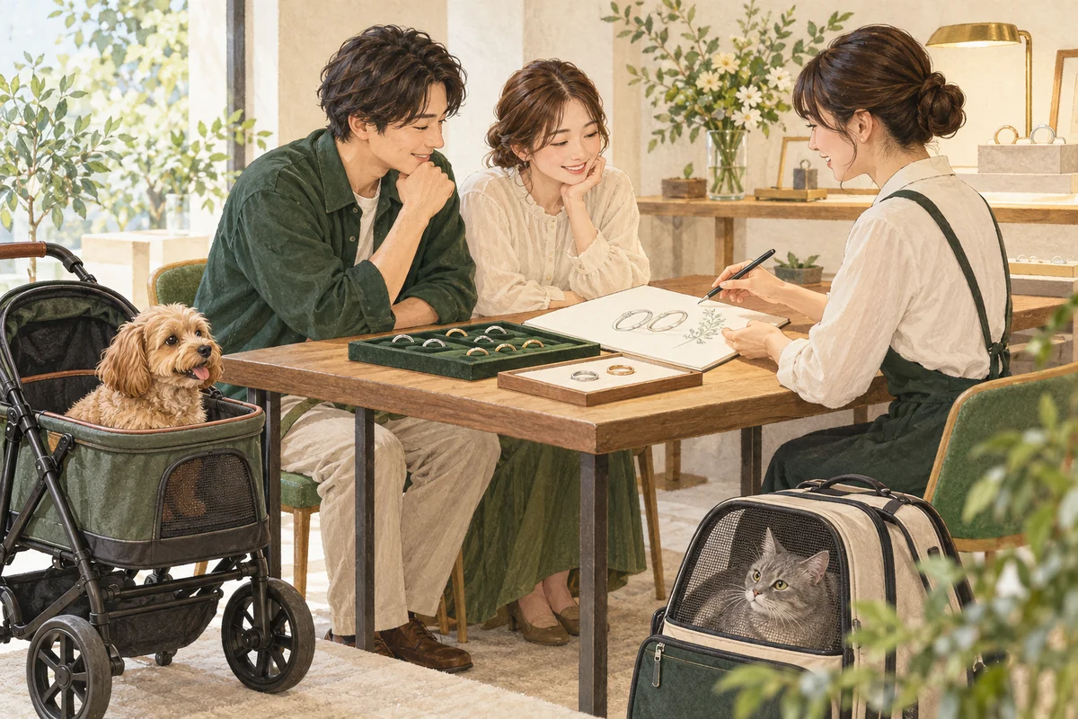 指輪のデザインを相談する人のそばで、犬がカート、猫がキャリーで待つ工房のイラスト