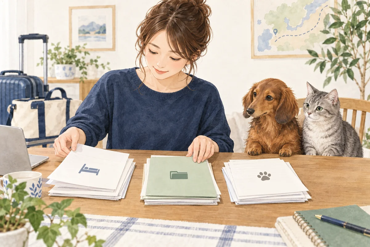 宿泊予約、保険契約、動物病院の資料を別々の束へ整理する飼い主と犬猫のイラスト
